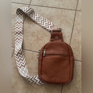 NWOT Brown Crossbody Bag with Patterned Strap